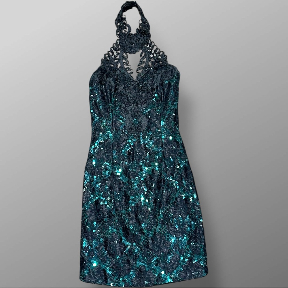 Vintage Loralie Original Black & Green Sequin Halter Lace Dress Sz 6 USA